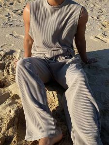 Ice Silk Training Fitness Set for Men round Neck Sleeveless T-Shirt And Loose Fit Pants Quick Dry Sportswear Two Piece Suit