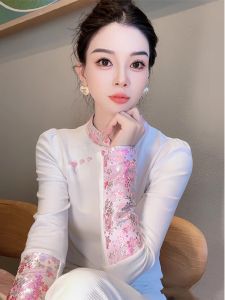 WANGGONGZHU | Elegant Short Collar Chinese Style Top Womens Autumn Winter New Design Splicing Long Sleeve Slim Fit Shirt Princess Style