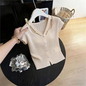 Moxueer | Áo Thun Mùa Hè Cổ V Size Lớn Ren Đục Lỗ