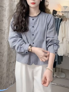 Slimming Long Sleeve Shirt Vertical Stripes French Iris Waist Cinched Unique Shirt for Women Loose Fit Polyester Fiber 2025 Autumn