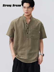 Henley Collar Retro Linen Shirt Short Sleeve