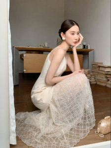 XXNING | French Lace Splice Waist Accent Cami Maxi Dress