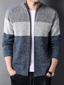 ROMON | เสื้อคาร์ดิแกนถักคอตั้งแบบสวมสำหรับผู้ชาย ทรงหลวม ทรงเข้ารูป ทรงปกติ แขนยาว ผ้าฝ้ายผสมโพลีเอสเตอร์ ทรงลำลอง ฤดูใบไม้ร่วง 2024