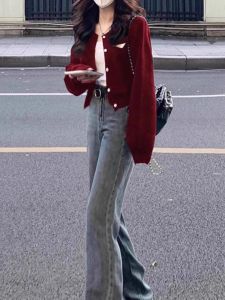 เรียบหรู สไตล์ฝรั่งเศส สั้น เสื้อสเวตเตอร์ถัก เสื้อโค้ท ผู้หญิง แฟชั่น ดีไซน์ ลำลอง Chic คอวี แขนยาวติดกระดุม ถัก ด้านบน