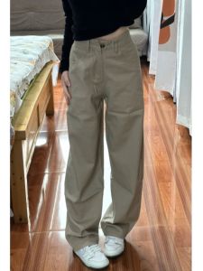 High Waist Straight Leg Fleece Lined Loose Wide Leg Floor Length Jeans Womens plus Size Khaki Color Long Version Denim Pants