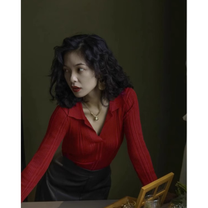 Polo Collar New Year Red Sweater Bottoming Shirt Female Fall and Winter Fancy Fur Slim Fit Inner Wear Knitting V-neck Tops