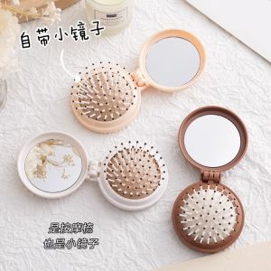 Portable Mini Comb MUJIE Folding Airbag Massage Comb Personal Hygiene Tool Compact Mirror Integrated Hairbrush Travel Size