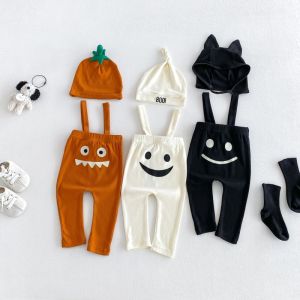 2026 Halloween Baby Overalls Outfit Suspender Pants Cartoon Hat Set Cute Monster Face Print Soft Knit Festival Baby Clothes