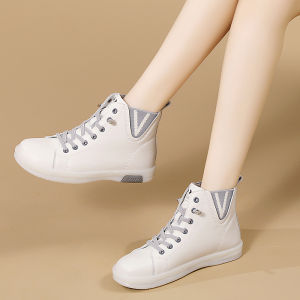 Fashionable Genuine Leather Short Boots Womens Spring New Style Martin Boots Bull Tendon Bottom High Help Shoes Anti-slip White Sneakers
