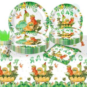 GeeParty Green Dino Tableware Set Disposable Paper Plate Cup for Kids Boy Dinosaur Theme Birthday Decorations