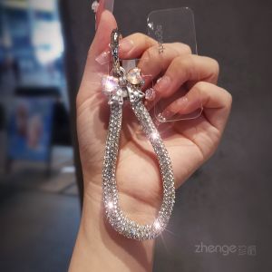 Double Domain Fashion Butterfly Ring Phone Lanyard Womens Small Fragrance Style Flash Diamond Hanging Chain Elegant High-End Outdoor Travel Anti-Lost Handheld Chain Strap Phone Case Telephonic Cover Thumb Pendant