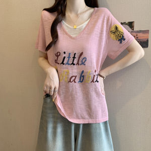 Shalldoer | Áo thun nữ tay ngắn dáng rộng cổ chữ V họa tiết chữ cái phong cách Hàn Quốc mùa hè mới về Áo thun thường ngày cho nữ