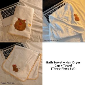 Coral Fleece Bath Towel Womens Absorbent Quick Dry Bath Wrap Hair Drying Cap Three Piece Set Home Use Cartoon Pattern Towels