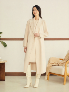 Winter French Style Wool Cashmere Blend Notch Collar Long Fitted Coat