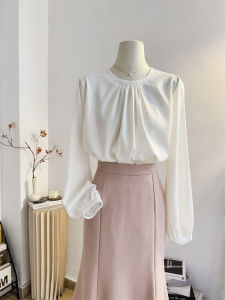 French Fold Satin Long Sleeve Shirt Womens Loose Simple Commute Shirt Draping Top round Neck Shirt Korean Style Spring Fashion