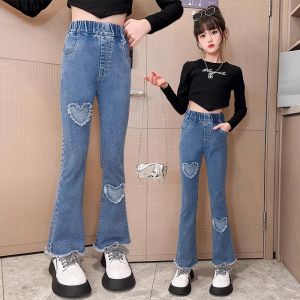 Girls Jeans Heart-shaped Decoration Kids Long Denim Pants New Autumn Wear Flared Trousers Children Casual Clothes For 2-12 Years