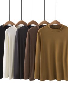 เสื้อยืดคอกลมแขนยาวหลวมๆ สีพื้นสไตล์เกาหลีสำหรับผู้หญิงในฤดูใบไม้ร่วงและฤดูหนาว เสื้อชั้นในสีน้ำตาล ทรงหลวม แขนยาว เสื้อยืดคอกลม