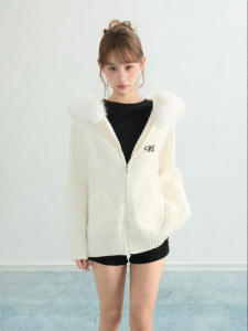 ARCG | White Fur Collar Hooded Sweater Cardigan Thick