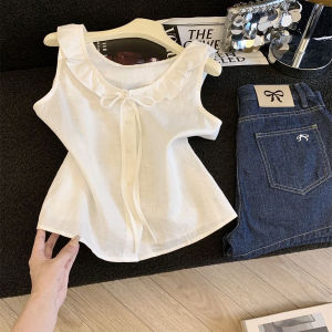 Sweet Lace Trim Belted round Neck Sleeveless Top Womens Summer Ageless Beautiful Top Breathable Polyester Casual Shirt