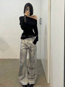 Quần Jeans Ống Thẳng Rửa Sạch Retro Mỹ Cho Nữ Mùa Hè 2025 Quần Dài Dài Đến Sàn Rộng Rộng Phong Cách Lười Biếng