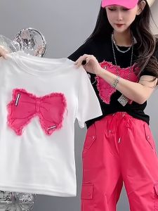 เสื้อยืดผู้หญิงแขนสั้นปักลายผีเสื้อคอตตอนแท้ ทรงหลวม ทรงเข้ารูป ฤดูร้อน 2025 เสื้อตัวบนดีไซน์เก๋ไก๋ เสื้อผ้าทำงานสไตล์เกาหลี