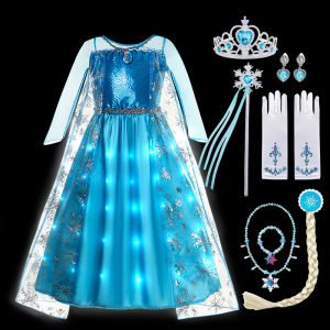 LED Light Up Princess Snow Queen Costume Girls Birthday Party Cosplay Clothing with Cape Elsa Sequins Dress Carnival Role Play