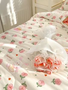 Combo 05 món chăn ga gối đệm cotton đũi mềm mại chăn ga gối phong cách Hàn Quốc trẻ trung tươi tắn họa tiết hoa tuylip trái tim gấu con xinh xắn dễ thương chất liệu mềm mại thoáng khí
