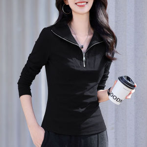 Slim Fit Long Sleeve Polo Neck T-Shirt Womens Autumn Fashion 2025 New Half Zip Design Base Shirt Top Korean Style Commute