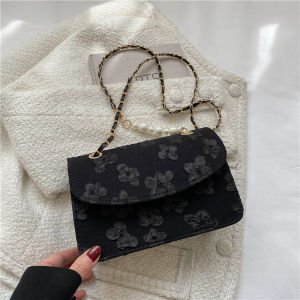 Fashionable Summer Womens Handbag Pearl Chain Crossbody Fairy Versatile Small Square Bag Canvas Material Plant Floral Pattern