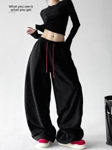 MUYUZI | Popular Black Winter Casual Wide Leg High Waist Sherpa Sport Pants