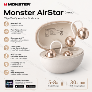 Monster | Monster Airstar MD06 Earclip Sport Earbuds Ai Translating Bluetooth 6.0 Headphone ENC Call Noise Reduction TWS Earphone with APP