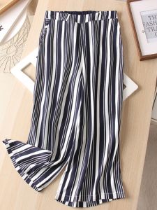 High Waist Wide Leg Pants Womens Loose Fit Chinoiserie Summer Casual Nine Points Skirts Elastic Waist Vertical Stripes
