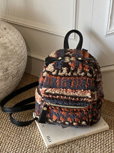 Mini Street Style Knitted Fabric Double Shoulder Backpack for Girls Trendy Shopping Bag Soft Zipper Closure Ethnic Fashion