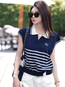 YUEZHONGWEI | เสื้อยืดคอกลมแขนสั้นผ้าถักทรงเข้ารูปสไตล์ฝรั่งเศสสำหรับผู้หญิงในช่วงฤดูร้อน เสื้อโปโลลายทางสีบล็อก