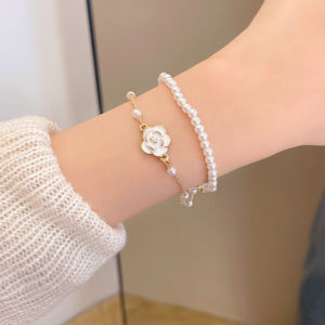 Leather Pearl Bracelet Womens Double Layer Tea Rose Flower Design Fashionable Minimalist Stylish Accessory Lemon Brand