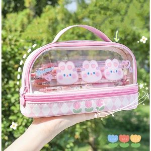 【Annjolie】กระเป๋าดินสอ PVC แบบใส สองชั้น เรียบง่าย และน่ารัก สร้างสรรค์ สําหรับใส่เครื่องเขียน กล่องอุปกรณ์การเรียน