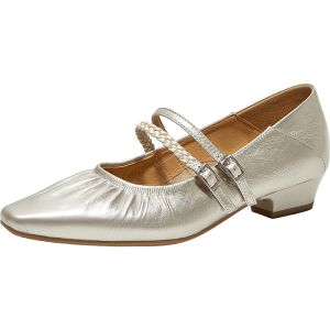 Silver Leather Pointed Mary Jane Shoes