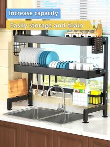 1/2 Tier 304 Stainless Steel Kitchen Retractable Integrated Sink Racks Shelving With Adjustable Drain Bowl Basket Storage Rack Multi-Functional Dish Rack Sponge Rack Storage Dish Drying Rack Kitchen Organizers Sink Accessories