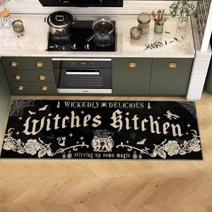 VIKAMA Witches Kitchen Gothic Print Non‑Slip Floor Mat Spider Web Bat Rose Pattern for Kitchen Home Decor
