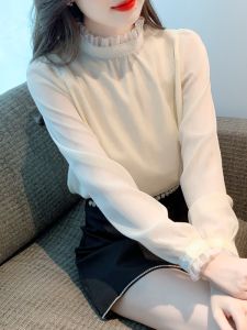 BaKuSen Autumn 2023 Womens Long Sleeve Stand Collar Chiffon Shirt Inner Wear Top Wood Grain Edge Design Sensation Fashionable