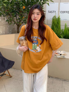 Heavy Weight Pure Cotton Short Sleeve T-Shirt Women Ginger Summer Idle Style Loose K-style American Retro Half Sleeve Tops Tide