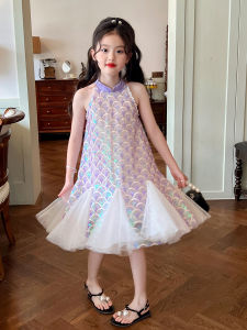 Zhilai Growth Childrens Clothing Girl Blue Mermaid Sequins Dress Summer Kids Baby Halterneck Princess Dress