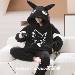 Mens Coral Fleece Hooded Sleepwear Thickened Home Clothes Two-Piece Set Autumn Winter Pokemon Cartoon Print Long Sleeve Pajamas