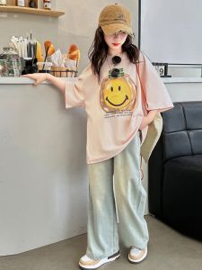 Loose Fit Pure Cotton round Neck Half Sleeve T-Shirt for Big Girls Summer New Style Childrens Clothing Short Sleeve Top