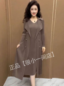 Korean-Style Womens Fake Two-Piece Suit Jacket Dress 2023 Autumn/Winter New Waist-Trimming Slimming Mom Dress with Long Sleeves and Button Details