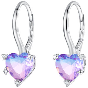 BAMOER 925 Sterling Silver Blue and Purple gradual changing Glass Heart Hoop Earrings for Women Sweet Romantic Jewelry BSE743