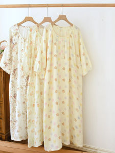 ชุดนอนผู้หญิงผ้าฝ้ายโปร่งบางหลวมแขนยาวปานกลาง ชุดนอนผ้าฝ้ายแท้ สไตล์ฤดูร้อน 2025 ผ้าพิมพ์ลายดอกไม้ สีสันสดใส