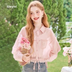 HEYINI | Áo Sơ Mi Tencel Lyocell Chống Nắng Nhẹ Phong Cách Ngắn Ren Hồng