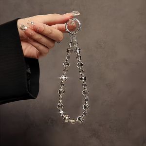Luxurious Crystal Beaded Handbag Chain Car Key Holder Short Lanyard Shell Premium Feel Grey Crystal String Beads Accessories