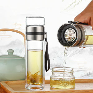 Bình Thủy Tinh Chịu Nhiệt Pha Trà 2 Lớp Cách Nhiệt Có Lõi Lọc Inox 304 Size To 470ml